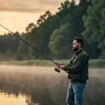 Mężczyzna wędkujący nad spokojną rzeką o świcie z wędką w dłoni